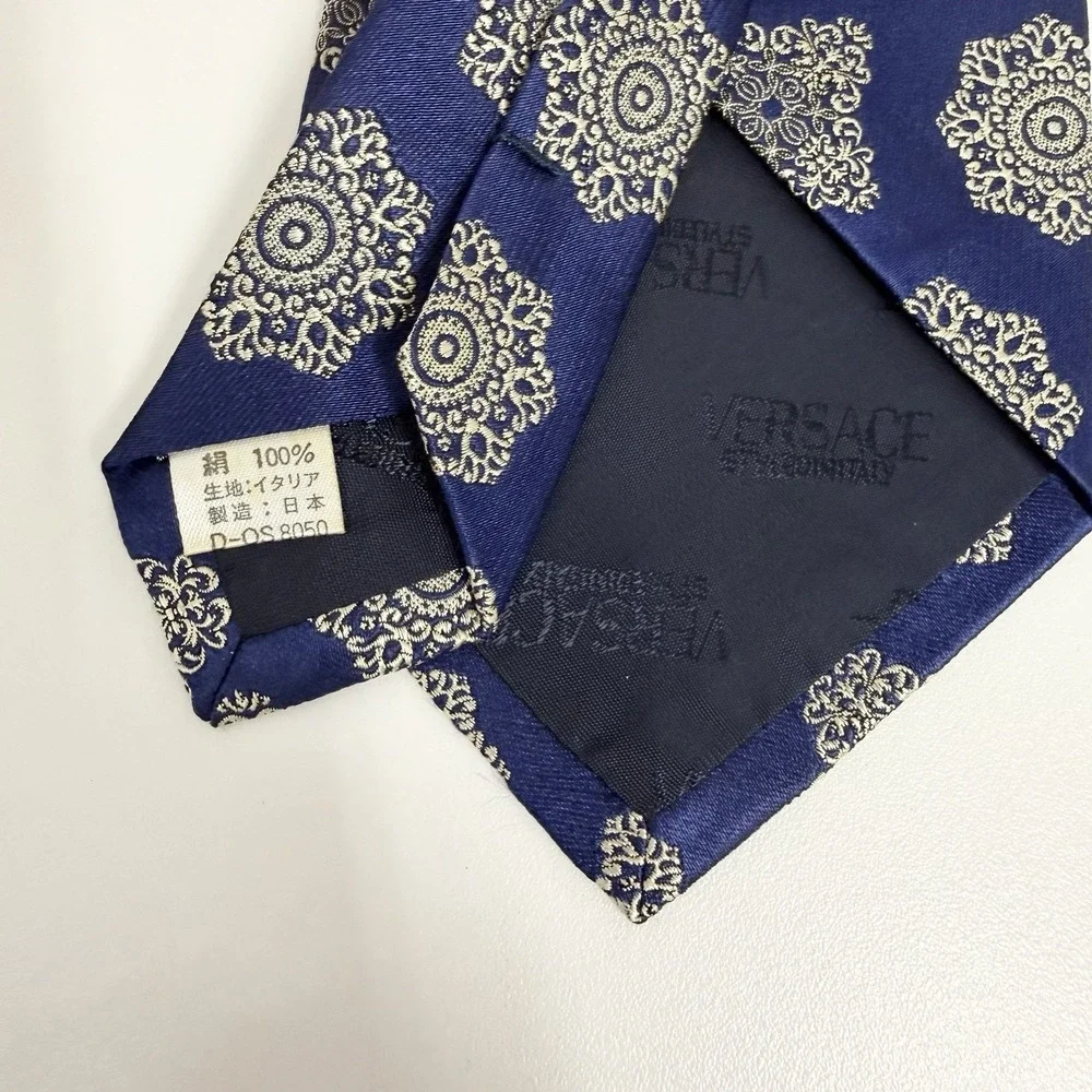 Versace Men's Tie Floral Navy Blue & Silver Silk Japan 3.75